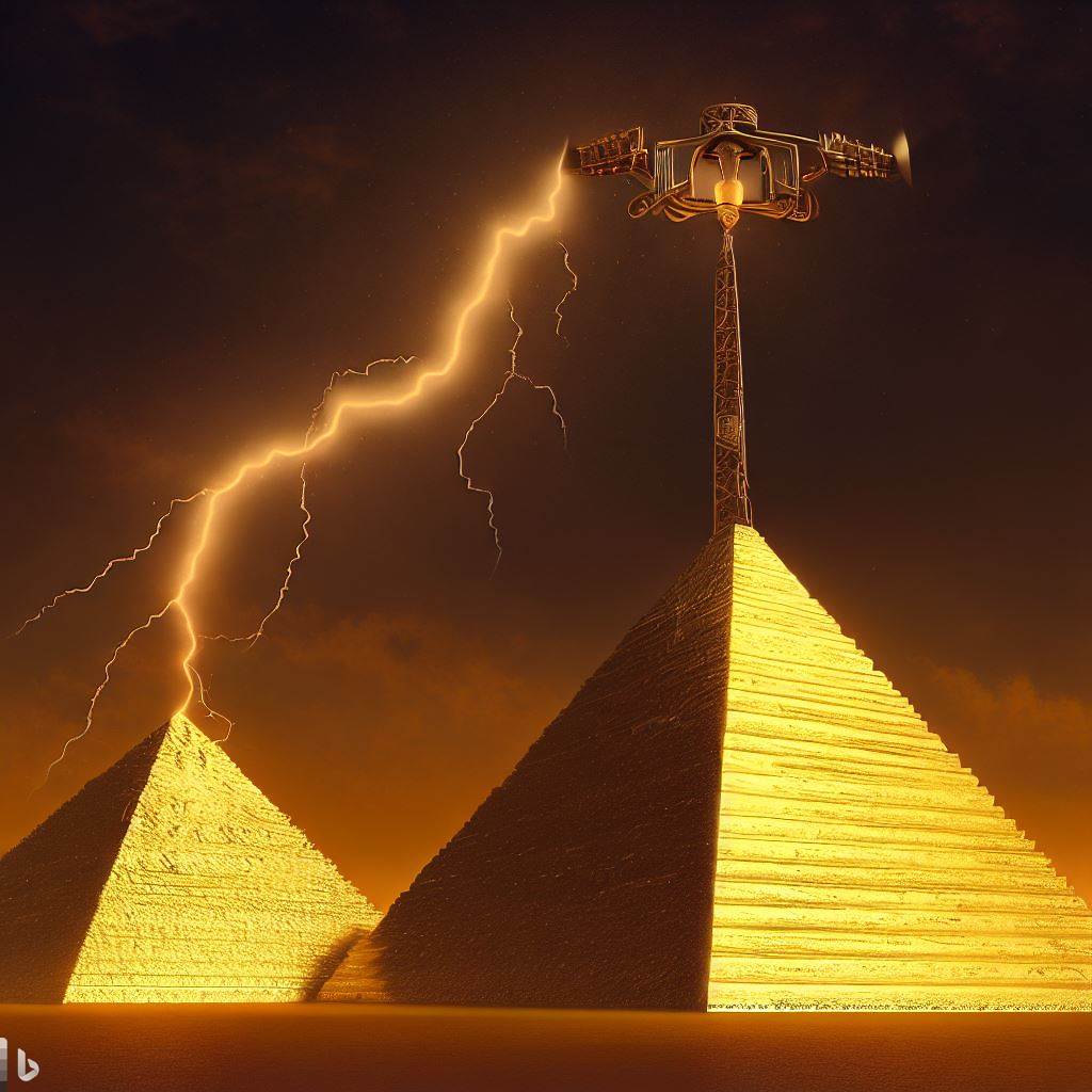 Pyramides couvertes d'or transmettant des éclairs par leurs antennes