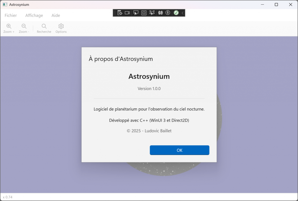 Logiciel Astrosynium - Boîte de dialogue 'à propos'