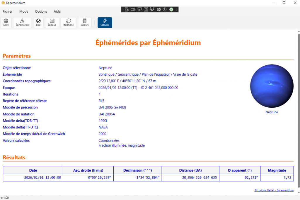 Capture d'écran du logiciel Éphéméridium - Écran général