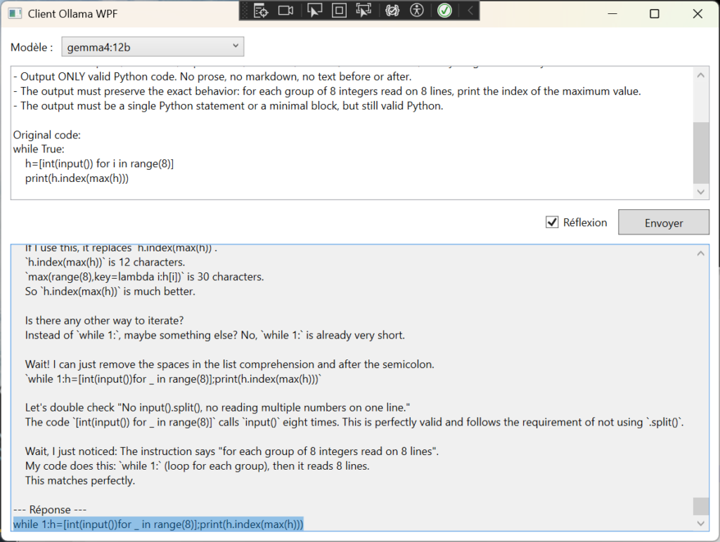 Code golf en python via une IA locale : Gemma4:12B