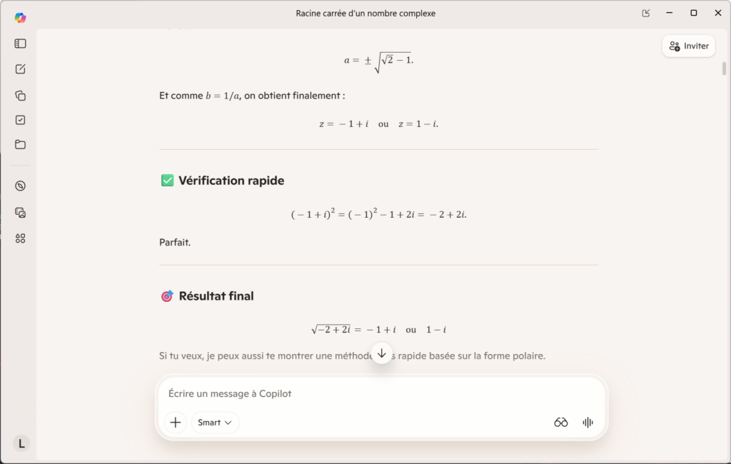 Le calcul faux de la racine complexe de -2+2i par Copilot