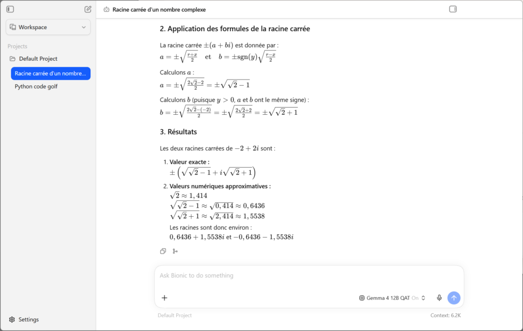 Le calcul correct de la racine complexe de -2+2i par Gemma 4 12B
