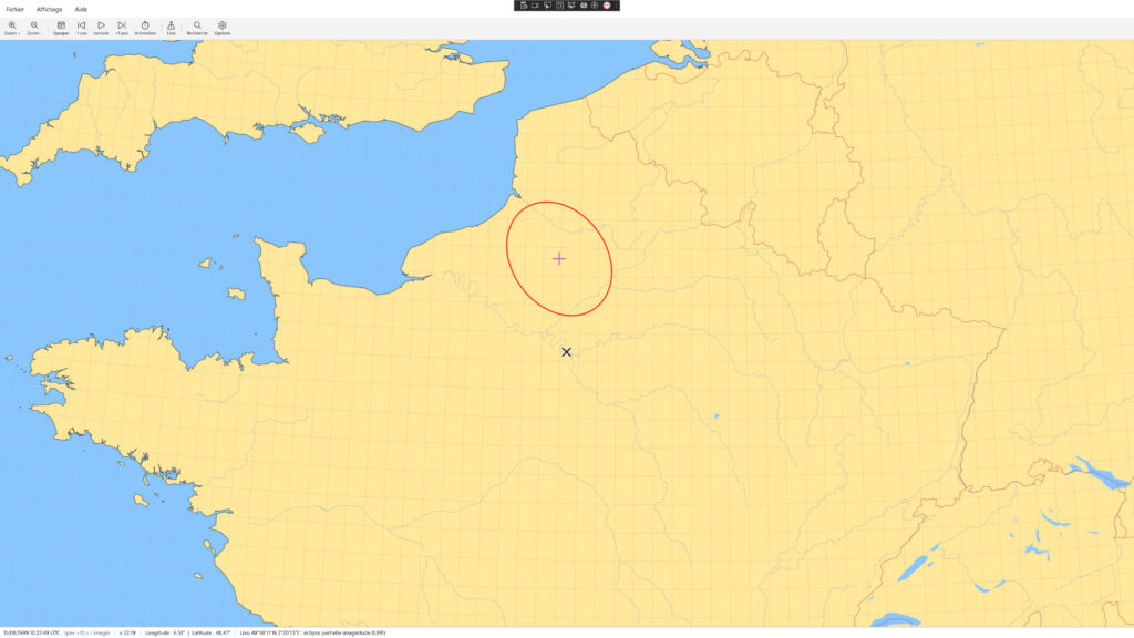 Éclipse totale du 11 août 1999 au nord de la France : l'ombre de la Lune, en rouge, et la croix violette qui marque son centre, ainsi que la croix bleue à Paris.