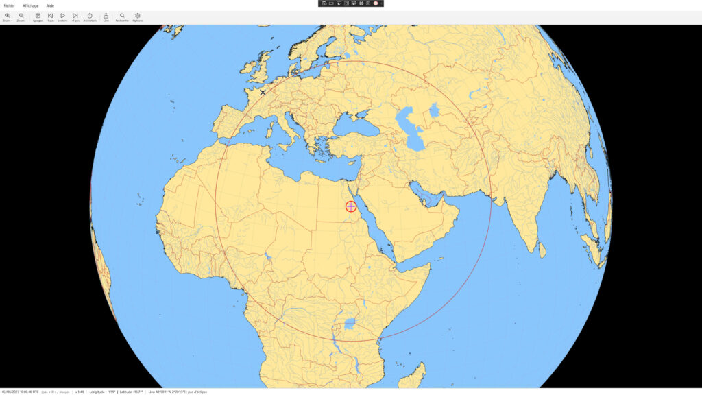 Éclipse totale du 2 août 2027 : plus de six minutes de totalité près de Louxor, en Égypte. Heclium la dessine.