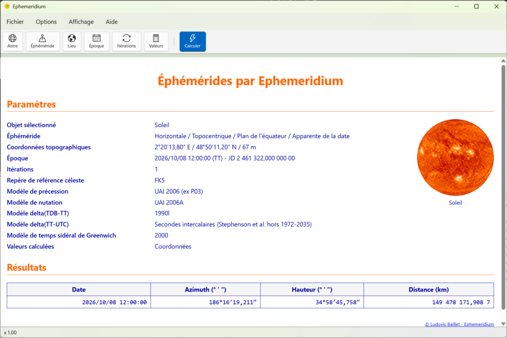 Ephemeridium 3 en action : une éphéméride de position du Soleil