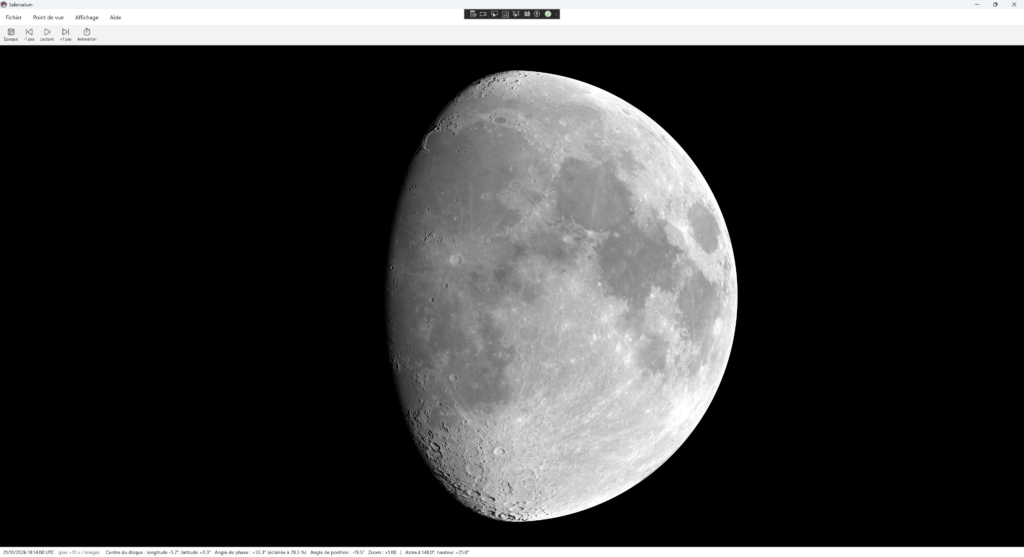 La Lune dessinée par Selenarium pour l'ouest parisien le 21 octobre 2026 à 18H14 UTC