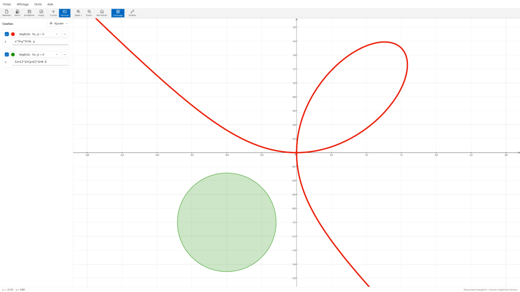 Tracium 3.1 : une courbe implicite, le folium de Descartes, et une inéquation qui colore un disque